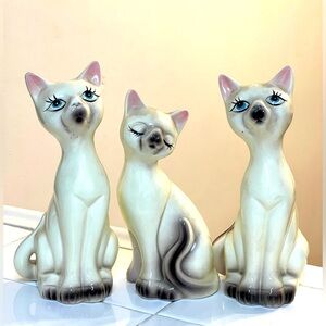 Set of 3 Vintage Napco Japan MCM Ceramic Siamese Cats Figurines Blue Eyes 7.5 in